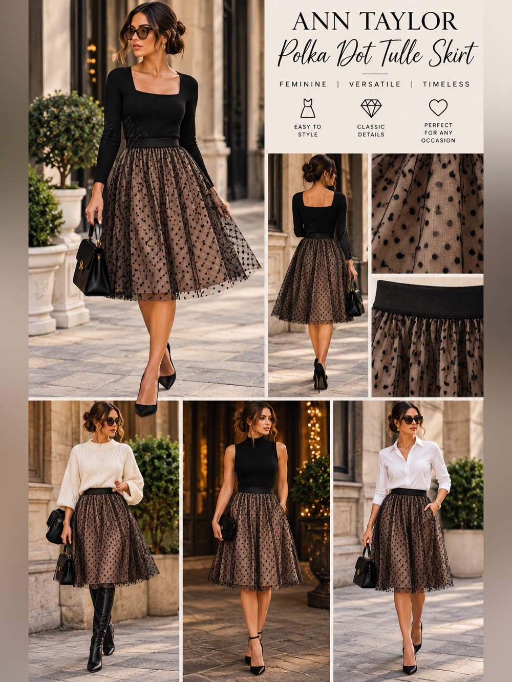 1171 Ann Taylor Beige Black Dot Skirt NWT Size Medium